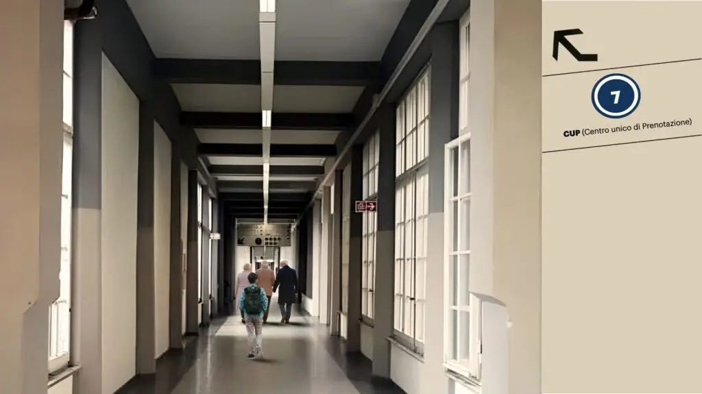 Immagine decorativa con corridoio ospedale livorno e indicazione al padiglione 7