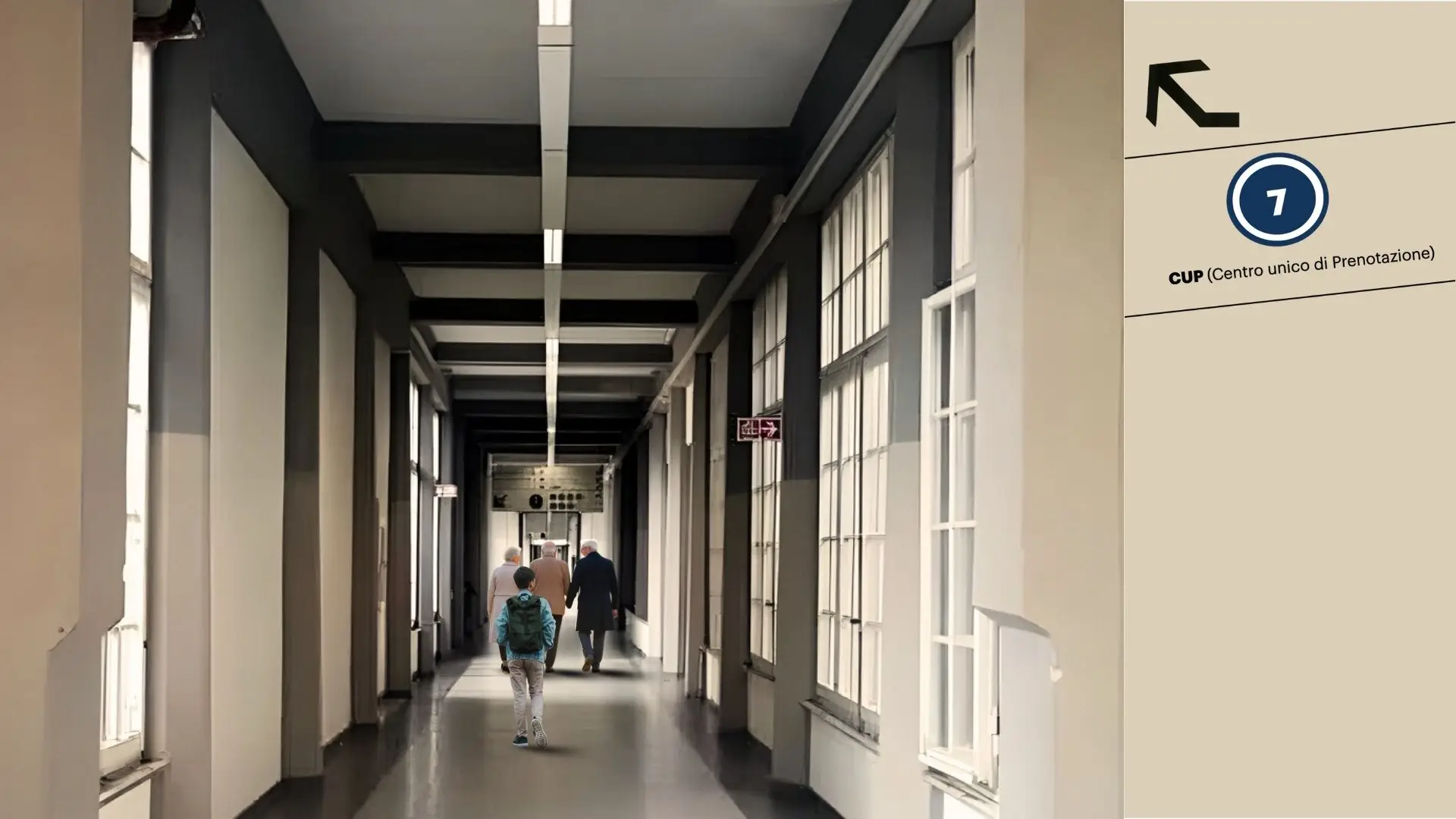 Immagine decorativa con corridoio ospedale livorno e indicazione al padiglione 7